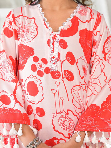 Varanga Women Peach Floral Printed V-Neck Straight Kurta With Tessels Hem Paired With Tonal Solid Bottom